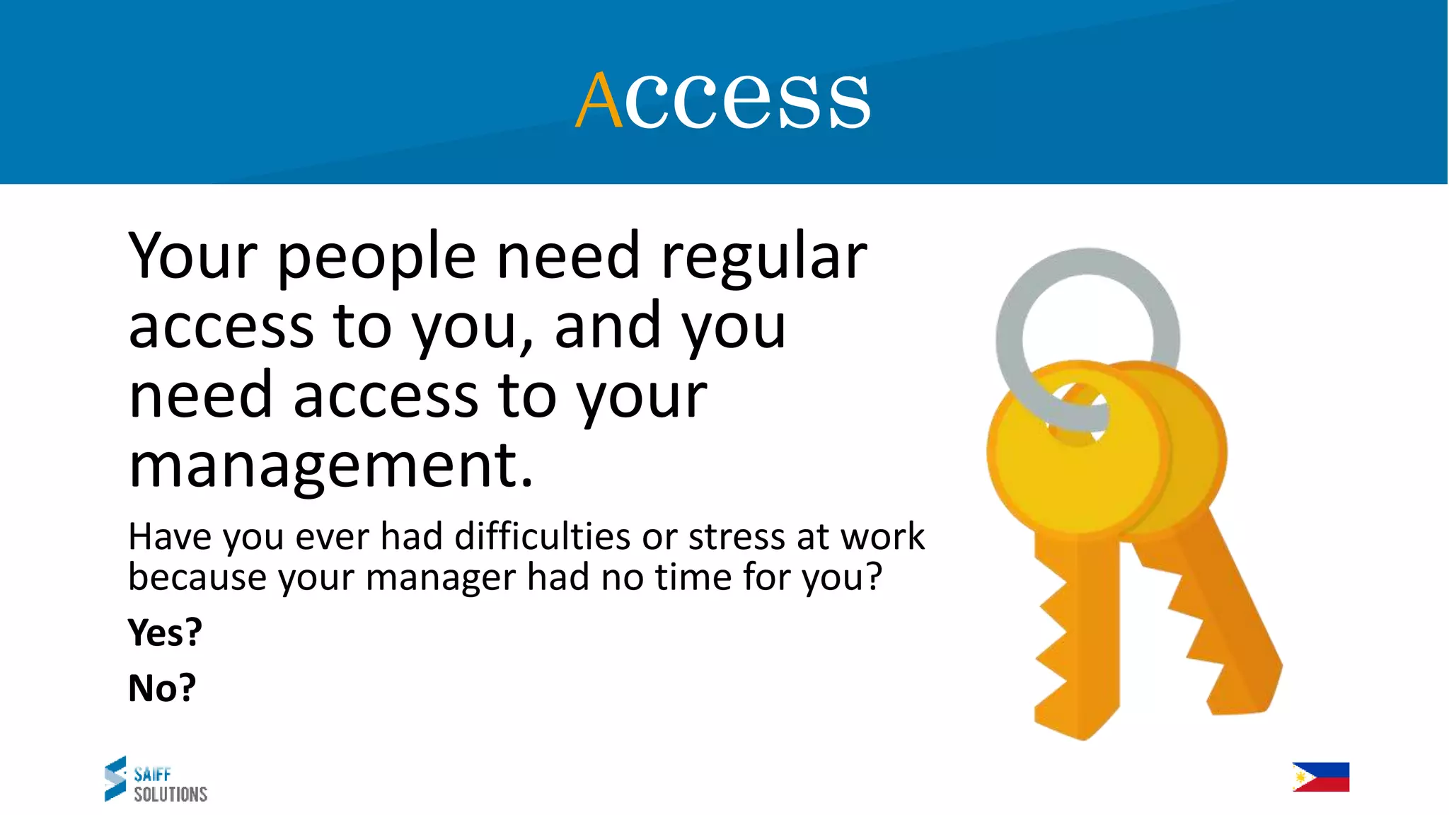 AccessAccess
Your people need regular
access to you, and you
need access to your
management.
Have you ever had difficulties or stress at work
because your manager had no time for you?
Yes?
No?
 