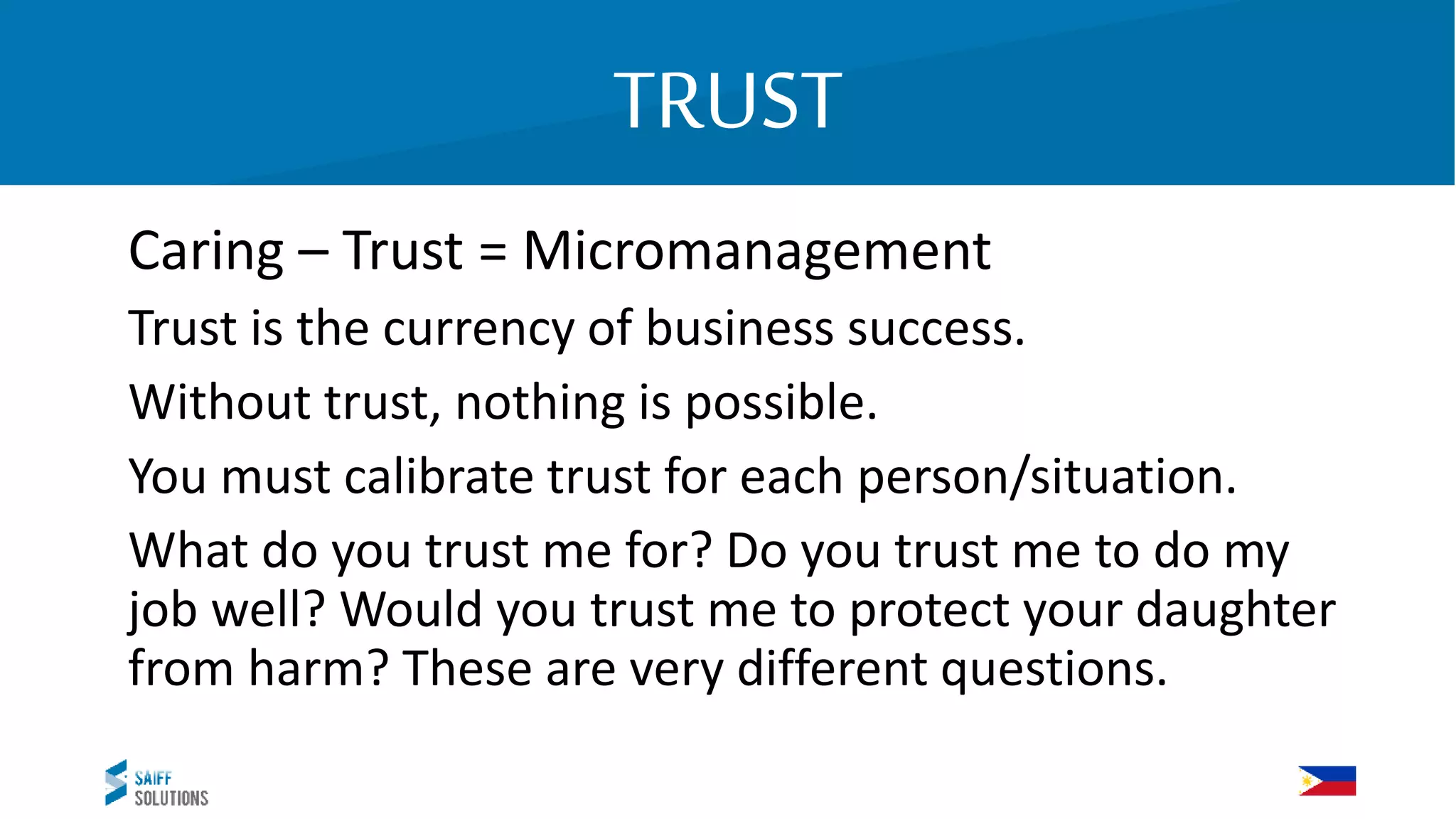 Caring – Trust = Micromanagement
Trust is the currency of business success.
Without trust, nothing is possible.
You must calibrate trust for each person/situation.
What do you trust me for? Do you trust me to do my
job well? Would you trust me to protect your daughter
from harm? These are very different questions.
TRUST
 