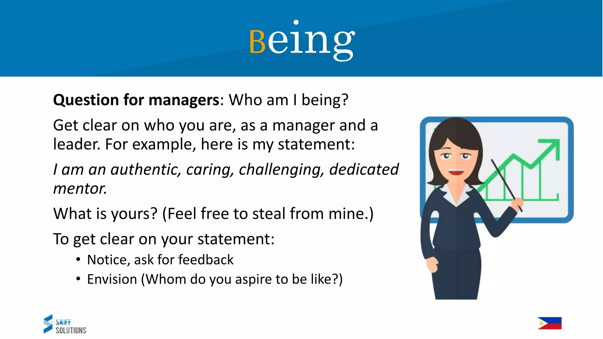 Question for managers: Who am I being?
Get clear on who you are, as a manager and a
leader. For example, here is my statement:
I am an authentic, caring, challenging, dedicated
mentor.
What is yours? (Feel free to steal from mine.)
To get clear on your statement:
• Notice, ask for feedback
• Envision (Whom do you aspire to be like?)
Being
 