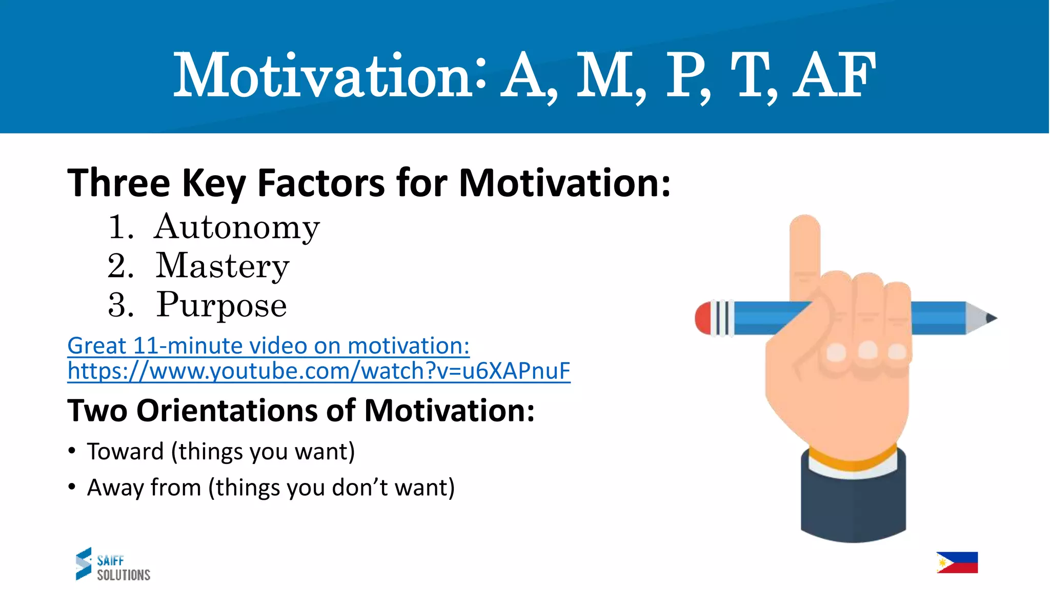 Motivation: A, M, P, T, AF
Three Key Factors for Motivation:
1. Autonomy
2. Mastery
3. Purpose
Great 11-minute video on motivation:
https://www.youtube.com/watch?v=u6XAPnuF
Two Orientations of Motivation:
• Toward (things you want)
• Away from (things you don’t want)
 