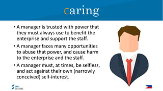 Caring
• A good manager is a creator of healthy administration,
and an enemy of bureaucratic corruption and inertia.
• The...