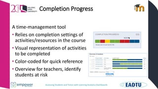 Assessing Students and Tutors with Learning Analytics Dashboards
Completion Progress
A time-management tool
• Relies on completion settings of
activities/resources in the course
• Visual representation of activities
to be completed
• Color-coded for quick reference
• Overview for teachers, identify
students at risk
 