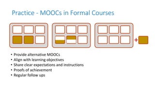 Practice - MOOCs in Formal Courses
+
• Provide alternative MOOCs
• Align with learning objectives
• Share clear expectatio...