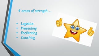 4 areas of strength…
• Logistics
• Presenting
• Facilitating
• Coaching
 