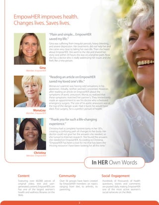 EmpowHER improves health.
Changes lives. Saves lives.

                               “Plain and simple... EmpowHER
                               saved my life.”
                               Gina was suffering from irregular periods, heavy bleeding,
                               and severe depression. Her treatments did not help her and
                               she came very close to taking her own life. Then she heard
                               about EmpowHER. She went to the site and shared her
                               story, and within 24 hours she was on a brighter path. Now
                               she has a doctor who is really addressing her issues and she
                               feels like a new person.


                      Gina
        Member, EmpowHER


                               “Reading an article on EmpowHER
                               saved my loved one’s life.”
                               MonaLou’s partner was having odd sensations in his
                               abdomen. Initially, neither seemed concerned. However,
                               after reading an article on EmpowHER about the
                               symptoms of aortic aneurysm, MonaLou realized that
                               these symptoms matched her partner’s. They immediately
                               made an appointment to see his doctor who scheduled
                               emergency surgery. The size of his aortic aneurysm was at
                               the top of the danger scale. Had it burst; he would have
                               died. Post surgery, he is a perfect picture of health.
               MonaLou
        Member, EmpowHER


                               “Thank you for such a life-changing
                               experience.”
                               Christina had a complete hysterectomy in her 30’s,
                               creating a confusing path of changes to her body. Her
                               doctor could not give her the answers she needed, so
                               she turned to Internet research. She found the answers
                               she needed on EmpowHER. According to Christina,
                               “EmpowHER has been a tool for me that has been the
                               missing resource I have been looking for all this time.”


                Christina
        Member, EmpowHER


                                                                        In HER Own Words

 Content                                Community                                 Social Engagement
 Featuring over 60,000 pieces of         Over 50 groups have been created                      RESULTS
                                                                                  Hundreds of thousands of health
 original video, text and user-          by EmpowHER members on topics            questions, stories and comments
 generated content, EmpowHER.com         ranging from diet, to arthritis, to      are posted daily making EmpowHER
 has one of the largest women’s          parenting.                               one of the most active women’s
 health and wellness libraries on the                                             social networks on the Web.
 Web.


                                                           5
 