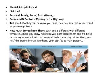 • Mental & Psychological
• Spiritual
• Personal, Family, Social, Aspiration-al,
• Command & Control – My way or the High w...