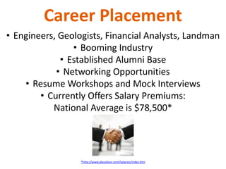 Career Placement
• Engineers, Geologists, Financial Analysts, Landman
                • Booming Industry
             • Established Alumni Base
            • Networking Opportunities
    • Resume Workshops and Mock Interviews
        • Currently Offers Salary Premiums:
           National Average is $78,500*




                  *http://www.glassdoor.com/Salaries/index.htm
 