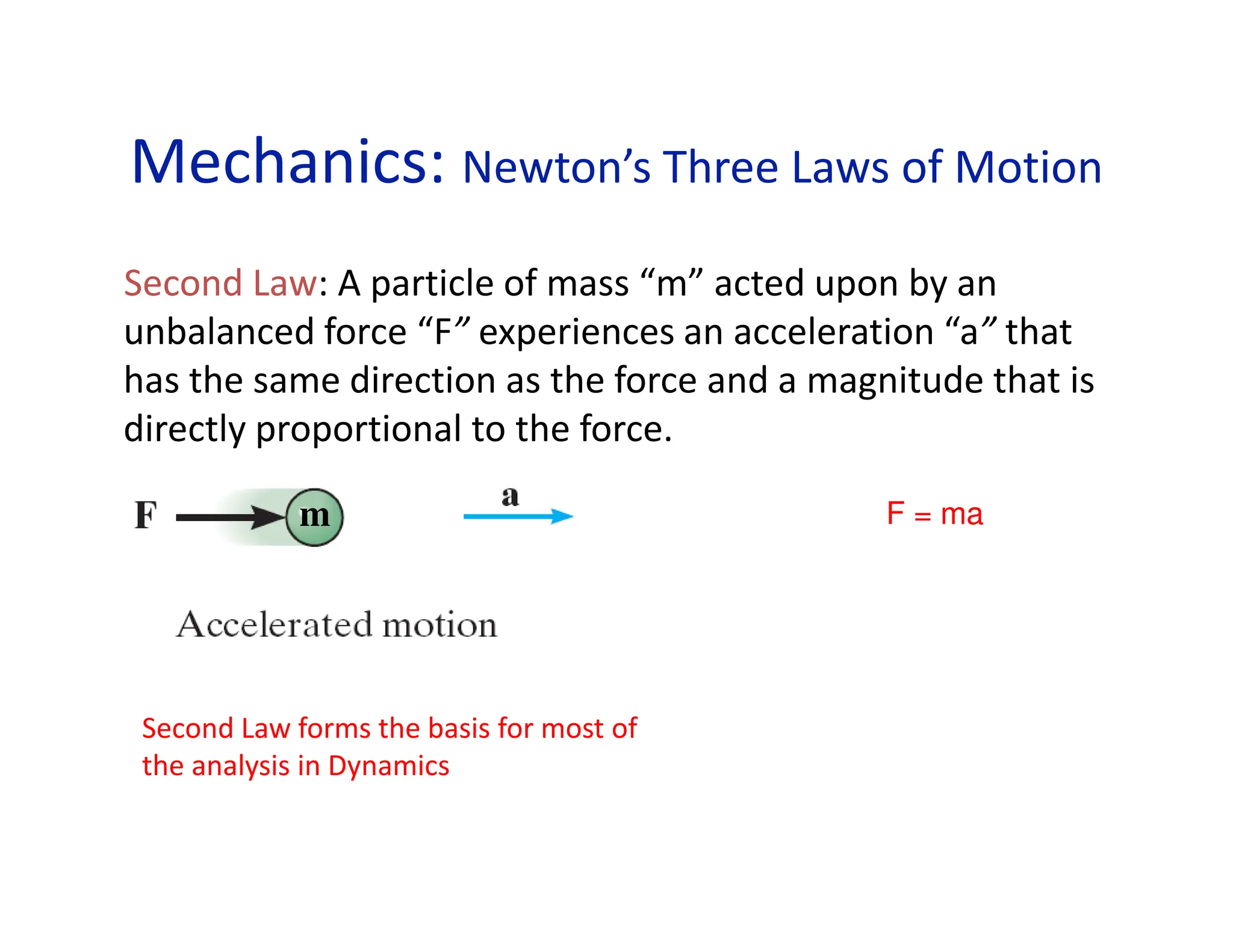 Mechanics: Newton’s Three Laws of Motion
Second Law: A particle of mass “m” acted upon by an
unbalanced force “F” experiences an acceleration “a” that
has the same direction as the force and a magnitude that is
directly proportional to the force.
F = ma
m
Second Law forms the basis for most of
the analysis in Dynamics
 