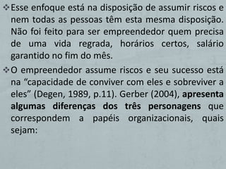  Esse enfoque está na disposição de assumir riscos e
  nem todas as pessoas têm esta mesma disposição.
  Não foi feito para ser empreendedor quem precisa
  de uma vida regrada, horários certos, salário
  garantido no fim do mês.
 O empreendedor assume riscos e seu sucesso está
  na “capacidade de conviver com eles e sobreviver a
  eles” (Degen, 1989, p.11). Gerber (2004), apresenta
  algumas diferenças dos três personagens que
  correspondem a papéis organizacionais, quais
  sejam:
 