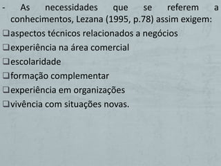 -    As    necessidades     que    se   referem    a
  conhecimentos, Lezana (1995, p.78) assim exigem:
 aspectos técnicos relacionados a negócios
 experiência na área comercial
 escolaridade
 formação complementar
 experiência em organizações
 vivência com situações novas.
 