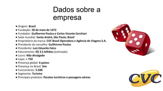 Dados sobre a
empresa
● Origem: Brasil
● Fundação: 28 de maio de 1972
● Fundador: Guilherme Paulus e Carlos Vicente Cerchiari
● Sede mundial: Santo André, São Paulo, Brasil
● Proprietário da marca: CVC Brasil Operadora e Agência de Viagens S.A.
● Presidente do conselho: Guilherme Paulus
● Presidente: Luiz Eduardo Falco
● Faturamento: R$ 3.5 bilhões (estimado)
● Lucro: Não divulgado
● Lojas: + 750
● Presença global: 6 países
● Presença no Brasil: Sim
● Funcionários: 5.500
● Segmento: Turismo
● Principais produtos: Pacotes turísticos e passagens aéreas
 