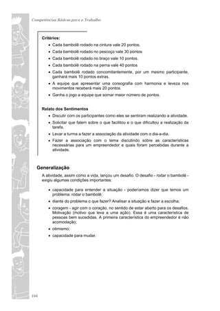 Competências Básicas para o Trabalho



      Critérios:
          Cada bambolê rodado na cintura vale 20 pontos.
          Cada bambolê rodado no pescoço vale 30 pontos
          Cada bambolê rodado no braço vale 10 pontos.
          Cada bambolê rodado na perna vale 40 pontos
          Cada bambolê rodado concomitantemente, por um mesmo participante,
           ganhará mais 10 pontos extras.
          A equipe que apresentar uma coreografia com harmonia e leveza nos
           movimentos receberá mais 20 pontos.
          Ganha o jogo a equipe que somar maior número de pontos.


      Relato dos Sentimentos
          Discutir com os participantes como eles se sentiram realizando a atividade.
          Solicitar que falem sobre o que facilitou e o que dificultou a realização da
           tarefa.
          Levar a turma a fazer a associação da atividade com o dia-a-dia.
          Fazer a associação com o tema discutindo sobre as características
           necessárias para um empreendedor e quais foram percebidas durante a
           atividade.



  Generalização
      A atividade, assim como a vida, lançou um desafio. O desafio - rodar o bambolê -
      exigiu algumas condições importantes:

          capacidade para entender a situação - poderíamos dizer que temos um
           problema: rodar o bambolê;
          diante do problema o que fazer? Analisar a situação e fazer a escolha;
          coragem - agir com o coração, no sentido de estar aberto para os desafios.
           Motivação (motivo que leva a uma ação). Essa é uma característica de
           pessoas bem sucedidas. A primeira característica do empreendedor é não
           acomodação;
          otimismo;
          capacidade para mudar.




104
 