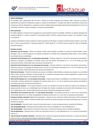 metodológica:
  Síntese metodológica
  Os resultados agora apresentados têm por base o Sistema de Contas Integradas das Empresas (SCIE), incluindo as empresas
  classificadas nas secções B a O (excluindo a secção J e a divisão 91) da CAE-Rev.2.1. A análise recai sobre os nascimentos e mortes reais
  de empresas, taxas de sobrevivência e o papel que as novas unidades empresariais podem potencialmente desempenhar em termos de
  crescimento económico, criação de emprego e incremento da produtividade.

  Notas explicativas:
  Na análise realizada as empresas foram agrupadas em quatro grandes sectores de actividade, resultantes da seguinte agregação das
  secções da CAE-Rev.2.1: Indústria: secções B a E; Construção: secção F; Comércio: secção G; Serviços: secções H a O, excluindo a secção
  J e a divisão 91.

  O âmbito de actividade económica utilizado na análise comparativa de Portugal no contexto da União Europeia (secções C a K da CAE-
  Rev.2.1) exclui a Pesca (secção B), a Educação (secção M), a Saúde (secção N), e os Outros serviços (secção O) e inclui as Actividades
  financeiras (secção J).

             conceitos:
  Principais conceitos:
  Nascimento real de Empresas – Número de empresas criadas, sendo excluídas as entradas no universo de estudo devidas a fusão,
  dissolução, cisão ou à reestruturação de um conjunto de empresas. As entradas numa subpopulação devido apenas, a uma mudança
  de actividade não são contabilizadas.
  Nascimento real de Empresas com 1 ou mais pessoas remuneradas – Empresas criadas em n com uma ou mais pessoas remuneradas e
                                            pessoas
  empresas já existentes na população de empresas activas com zero pessoas remuneradas em n-1, n-2 ou em ambas que, pelo
  crescimento verificado, tenham pelo menos uma pessoa remunerada em n.
  Nascimento real de Empresas com 2 ou mais pessoas remuneradas – Empresas criadas em n com duas ou mais pessoas remuneradas e
  empresas já existentes na população de empresas activas com zero ou uma pessoas remuneradas em n-1, n-2 ou em ambas que, pelo
  crescimento verificado, tenham pelo menos duas pessoas remuneradas em n.
  Morte real de Empresas – Número de empresas que cessaram a actividade, sendo excluídas as empresas que cessaram a sua actividade
  devido a fusão, aquisição, dissolução ou reestruturação de um conjunto de empresas. Não se incluem igualmente, as saídas de uma
  subpopulação devidas apenas a uma mudança da actividade.
  Morte real de Empresas com 1 ou mais pessoas remuneradas – Empresas que cessaram a actividade em n com pelo menos uma pessoa
  remunerada e empresas pertencentes à população de empresas activas de n+1, n+2 ou em ambas com zero pessoas remuneradas e
  que tenham pelo menos uma pessoa remunerada em n.
  Sobrevivência de Empresas – Uma empresa sobrevive se estiver em actividade em termos de volume de negócios e/ou emprego em
  qualquer período do ano ou se a unidade legal a que está ligada tiver cessado a actividade, mas esta tenha sido retomada por uma ou
  mais unidades legais novas, criadas especificamente para utilizar os factores de produção dessa empresa.
  Sobrevivência dos nascimentos reais com 1 ou mais pessoas remuneradas – Uma empresa nascida em n-t com uma ou mais pessoas
  remuneradas sobrevive em n se estiver nas populações de empresas activas entre n-t e n com uma ou mais pessoas remuneradas.
  Empresas de elevado crescimento (High-Growth enterprises) – Empresas com um crescimento médio anual superior a 20% ao longo de
  um período de 3 anos, sendo o crescimento medido quer em termos do número de pessoas ao serviço remuneradas quer em termos
  de volume de negócios.

  Taxa de Natalidade – Quociente entre o número de nascimentos reais e o número de empresas activas no período de referência.
  Taxa de Natalidade líquida – Diferença percentual obtida entre as taxas de natalidade de n e de mortalidade de n-1.
          Natalidade
  Taxa de Mortalidade – Quociente entre o número de mortes reais e o número de empresas activas no período de referência.
  Taxa de Sobrevivência – Quociente entre o número de nascimentos reais em n-t e que sobreviveram em n e o número de nascimentos
  reais em n-t.
  Taxa de Empresas de elevado crescimento – Quociente entre o número de empresas de elevado crescimento e o número de empresas
  activas com dez ou mais pessoas remuneradas no período de referência.
Demografia das Empresas 2004-2007                                                                                                   10/11
 