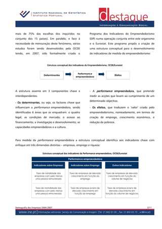 mais de 75% das escolhas dos inquiridos no                          Programa dos Indicadores do Empreendedorismo
conjunto dos 15 países). Em paralelo, e face à                      (EIP) numa operação conjunta entre este organismo
necessidade de mensuração deste fenómeno, vários                    e o Eurostat. Este programa propôs a criação de
estudos foram sendo desenvolvidos pela OCDE                         uma estrutura conceptual para o desenvolvimento
tendo, em 2007, sido formalmente criado o                           de indicadores de medida do empreendedorismo:



                            Estrutura conceptual dos indicadores do Empreendedorismo, OCDE/Eurostat


                                                        Performance
                         Determinantes                                                      Efeitos
                                                       empreendedora




A estrutura assenta em 3 componentes chave e                            perfor
                                                                    - A performance empreendedora que pretende
                                                                                    empreendedora,
interdependentes:                                                   medir as acções que levam ao cumprimento de um
                                                                    determinado objectivo.
- Os determinantes ou seja, os factores chave que
     determinantes,
influenciam a performance empreendedora, sendo                      - Os efeitos que traduzem o ‘valor’ criado pelo
                                                                         efeitos,
identificadas 6 áreas que os enquadram: o quadro                    empreendedorismo, nomeadamente, em termos de
legal; as condições de mercado; o acesso ao                         criação de emprego, crescimento económico, e
financiamento; a investigação e desenvolvimento; as                 redução da pobreza.
capacidades empreendedoras e a cultura.



Para medida da performance empreendedora a estrutura conceptual identifica seis indicadores chave com
enfoque em três dimensões distintas – empresas, emprego e riqueza:


                                                                            empreendedora,
                        Estrutura conceptual dos indicadores da Performance empreendedora, OCDE/Eurostat

                                                Performance empreendedora

                Indicadores sobre Empresas        Indicadores sobre Emprego               Outros indicadores


                   Taxa de natalidade das        Taxa de empresas de elevado        Taxa de empresas de elevado
                 empresas com pelo menos          crescimento em função do           crescimento em função do
                  uma pessoa remunerada                   emprego                        volume de negócios



                  Taxa de mortalidade das         Taxa de empresas jovens de         Taxa de empresas jovens de
                 empresas com pelo menos            elevado crescimento em             elevado crescimento em
                  uma pessoa remunerada               função do emprego            função do volume de negócios




Demografia das Empresas 2004-2007                                                                                 2/11
 