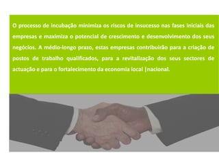 O processo de incubação minimiza os riscos de insucesso nas fases iniciais das
empresas e maximiza o potencial de crescimento e desenvolvimento dos seus
negócios. A médio-longo prazo, estas empresas contribuirão para a criação de
postos de trabalho qualificados, para a revitalização dos seus sectores de
actuação e para o fortalecimento da economia local |nacional.
 