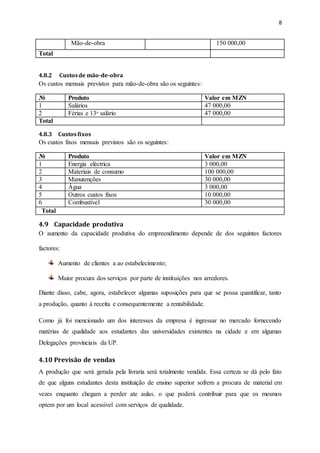 8
Mão-de-obra 150 000,00
Total
4.8.2 Custosde mão-de-obra
Os custos mensais previstos para mão-de-obra são os seguintes:
№ Produto Valor em MZN
1 Salários 47 000,00
2 Férias e 13ᵒ salário 47 000,00
Total
4.8.3 Custosfixos
Os custos fixos mensais previstos são os seguintes:
№ Produto Valor em MZN
1 Energia eléctrica 3 000,00
2 Materiais de consumo 100 000,00
3 Manutenções 30 000,00
4 Água 3 000,00
5 Outros custos fixos 10 000,00
6 Combustível 30 000,00
Total
4.9 Capacidade produtiva
O aumento da capacidade produtiva do empreendimento depende de dos seguintes factores
factores:
Aumento de clientes a ao estabelecimento;
Maior procura dos serviços por parte de instituições nos arredores.
Diante disso, cabe, agora, estabelecer algumas suposições para que se possa quantificar, tanto
a produção, quanto à receita e consequentemente a rentabilidade.
Como já foi mencionado um dos interesses da empresa é ingressar no mercado fornecendo
matérias de qualidade aos estudantes das universidades existentes na cidade e em algumas
Delegações provinciais da UP.
4.10 Previsão de vendas
A produção que será gerada pela livraria será totalmente vendida. Essa certeza se dá pelo fato
de que alguns estudantes desta instituição de ensino superior sofrem a procura de material em
vezes enquanto chegam a perder ate aulas. o que poderá contribuir para que os mesmos
optem por um local acessível com serviços de qualidade.
 