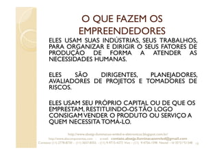 O QUE FAZEM OS
EMPREENDEDORES
ELES USAM SUAS INDÚSTRIAS, SEUS TRABALHOS,
PARA ORGANIZAR E DIRIGIR O SEUS FATORES DE
PRODUÇÃO DE FORMA A ATENDER AS
NECESSIDADES HUMANAS.
ELES SÃO DIRIGENTES, PLANEJADORES,
AVALIADORES DE PROJETOS E TOMADORES DE
RISCOS.
ELES USAM SEU PRÓPRIO CAPITAL OU DE QUE OS
EMPRESTAM, RESTITUINDO-OS TÃO LOGO
CONSIGAMVENDER O PRODUTO OU SERVIÇO A
QUEM NECESSITA TOMÁ-LO.
13
http://www.absejp-iluminacao-emled-e-eletronicos.blogspot.com.br/
http://www.abscomponentes.com - e-mail: contato.absejp.iluminacaoemled@gmail.com
Contatos: (11) 2778-8730 - (11) 3657-8355 - (11) 9-9715-4272 Vivo – (11) 9-4756-1598 Nextel – Id 35*21*51348
 