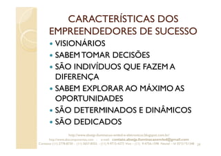 CARACTERÍSTICAS DOS
EMPREENDEDORES DE SUCESSO
VISIONÁRIOS
SABEMTOMAR DECISÕES
SÃO INDIVÍDUOS QUE FAZEM A
DIFERENÇA
SABEM EXPLORAR AO MÁXIMO AS
OPORTUNIDADES
SÃO DETERMINADOS E DINÂMICOS
SÃO DEDICADOS
29
http://www.absejp-iluminacao-emled-e-eletronicos.blogspot.com.br/
http://www.abscomponentes.com - e-mail: contato.absejp.iluminacaoemled@gmail.com
Contatos: (11) 2778-8730 - (11) 3657-8355 - (11) 9-9715-4272 Vivo – (11) 9-4756-1598 Nextel – Id 35*21*51348
 