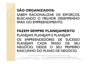 SÃO ORGANIZADOS:
SABEM RACIONALIZAR OS ESFORÇOS,
BUSCANDO O MELHOR DESEMPENHO
PARA OO EMPREENDIMENTO
FAZEM SEMPRE PLANEJAMENTO
PLANEJAM, PLANEJAM E PLANEJAM
OS EMPREENDEDORES DE SUCESSO
PLANEJAM CADA PASSO DE SEU
NEGÓCIO, DESDE O SEU PRIMEIRO
RASCUNHO DO PLANO DE NEGÓCIO.
36
http://www.absejp-iluminacao-emled-e-eletronicos.blogspot.com.br/
http://www.abscomponentes.com - e-mail: contato.absejp.iluminacaoemled@gmail.com
Contatos: (11) 2778-8730 - (11) 3657-8355 - (11) 9-9715-4272 Vivo – (11) 9-4756-1598 Nextel – Id 35*21*51348
 