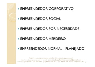 EMPREENDEDOR CORPORATIVO
EMPREENDEDOR SOCIAL
EMPREENDEDOR POR NECESSIDADE
EMPREENDEDOR HERDEIRO
EMPREENDEDOR NORMAL - PLANEJADO
40
http://www.absejp-iluminacao-emled-e-eletronicos.blogspot.com.br/
http://www.abscomponentes.com - e-mail: contato.absejp.iluminacaoemled@gmail.com
Contatos: (11) 2778-8730 - (11) 3657-8355 - (11) 9-9715-4272 Vivo – (11) 9-4756-1598 Nextel – Id 35*21*51348
 