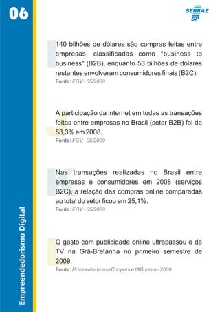 I140 bilhões de dólares são compras feitas entre  
empresas,  classificadas  como  "business  to  
business" (B2B), enquanto 53 bilhões de dólares  
restantes envolveram consumidores finais (B2C). 
Fonte: FGV - 05/2009 
JA participação da internet em todas as transações  
feitas entre empresas no Brasil (setor B2B) foi de  
58,3% em 2008. 
Fonte: FGV - 05/2009 
KNas  transações  realizadas  no  Brasil  entre  
empresas  e  consumidores  em  2008  (serviços  
B2C), a relação das compras online comparadas  
ao total do setor ficou em 25,1%. 
Fonte: FGV - 05/2009 
LO gasto com publicidade online ultrapassou o da  
TV  na  Grã-Bretanha  no  primeiro  semestre  de  
2009. 
Fonte: PricewaterhouseCoopers e IABureau - 2009 
06 
Empreendedorismo Digital 
 