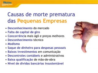 11
Causas de morte prematura
das Pequenas Empresas
• Desconhecimento do mercado
• Falta de capital de giro
• Concorrência mais ágil e preços melhores
• Desconhecimento técnico
• Modismo
• Saque de dinheiro para despesas pessoais
• Baixos investimentos em comunicação
• Descontroles contábeis e administrativos
• Baixa qualificação de mão-de-obra
• Nível de dívidas bancárias insustentável
 