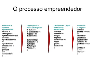 O processo empreendedor
Gerenciar
o negócio
estilo de
gestão
fatores críticos
de
sucess
o
identificar
problemas
atuais e
potenciais
implementar
um
sistema de
controle
profissionalizar
a
gestão
entrar em
novos
mercado
s
Identificar e
avaliar a
oportunidade
criação e
abrangência
da
oportunidade
valores percebidos
e
reais da
oportunidade
riscos e retornos
da
oportunidad
e
oportunidade
versus
habilidades e
metas
pessoai
s
situação
dos
competidore
s
Determinar e Captar
os recursos
necessários
recursos
pessoais
recursos de
amigos
e
parentes
angel
s
capitalistas de
risco
banco
s
govern
o
incubadora
s
Desenvolver o
Plano de Negócios
1. Sumário
Executivo
2. O Conceito do
Negócio
3. Equipe de
Gestão
4. Mercado e
Competidores
5. Marketing e
Vendas
6. Estrutura e
Operação
7. Análise
Estratégica
8. Plano
Financeiro
Anexo
s
 