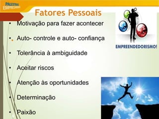 6
Fatores Pessoais
•
• Motivação para fazer acontecer
• Auto- controle e auto- confiança
• Tolerância à ambiguidade
• Aceitar riscos
• Atenção às oportunidades
• Determinação
• Paixão
 