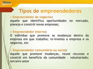 6
Tipos de empreendedores
• Empreendedor de negócios:
Aquele que identifica oportunidades no mercado,
planeja e constrói novas empresas;
• Empreendedor interno:
O indivíduo que promove as mudanças dentro da
empresa em que trabalha; re-inventa a empresa e os
negócios, etc
• Empreendedor comunitário ou social:
Aquele que promove mudanças, reune recursos e
constrói em benefício da comunidade – voluntariado;
terceiro setor
 