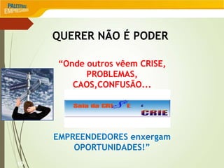 10
QUERER NÃO É PODER
“Onde outros vêem CRISE,
PROBLEMAS,
CAOS,CONFUSÃO...
EMPREENDEDORES enxergam
OPORTUNIDADES!”
 
