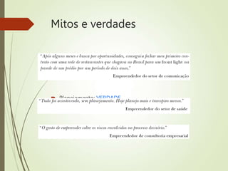 Mitos e verdades
 Sorte: MITO
 Planejamento: VERDADE
 intuição x planejamento
 Risco calculado: VERDADE
 