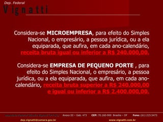 Dep. Federal

V ig n a t t i
       Considera-se MICROEMPRESA, para efeito do Simples
            Nacional, o empresário, a pessoa jurídica, ou a ela
              equiparada, que aufira, em cada ano-calendário,
         receita bruta igual ou inferior a R$ 240.000,00.

        Considera-se EMPRESA DE PEQUENO PORTE , para
             efeito do Simples Nacional, o empresário, a pessoa
        jurídica, ou a ela equiparada, que aufira, em cada ano-
       calendário, receita bruta superior a R$ 240.000,00
                      e igual ou inferior a R$ 2.400.000,00.



Deputado Federal Cláudio Vignatti (PT-SC)   Anexo III – Gab. 473   CEP: 70.160-900 Brasília – DF   Fone: (61) 215.5473

           dep.vignatti@camara.gov.br                                            www.vignatti.com.br
 