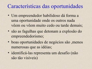 Características das oportunidades Um empreendedor habilidoso dá forma a uma oportunidade onde os outros nada vêem ou vêem muito cedo ou tarde demais; são as fagulhas que detonam a explosão do empreendedorismo; boas oportunidades de negócios são ,menos numerosas que as idéias; identificá-las representa um desafio (não são tão visíveis) 