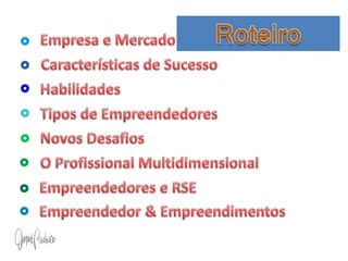RoteiroEmpresa e MercadoCaracterísticas de SucessoHabilidadesTipos de EmpreendedoresNovos DesafiosO Profissional MultidimensionalEmpreendedores e RSEEmpreendedor & Empreendimentos