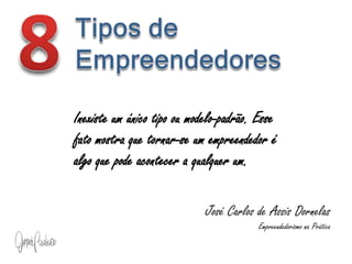 8Tipos de EmpreendedoresInexiste um único tipo ou modelo-padrão. Esse fato mostra que tornar-se um empreendedor é algo que pode acontecer a qualquer um.José Carlos de Assis DornelasEmpreendedorismo na Prática