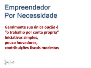 Empreendedor               Por NecessidadeGeralmente sua única opção é                                              “o trabalho por conta própria”Iniciativas simples,                                                           pouco inovadoras, contribuições fiscais modestas