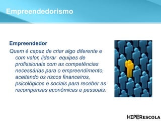 A Análise de atratividade Empreendedorismo Empreendedor Quem é capaz de criar algo diferente e com valor, liderar  equipes de profissionais com as competências necessárias para o empreendimento, aceitando os riscos financeiros,  psicológicos e sociais para receber as recompensas econômicas e pessoais. 