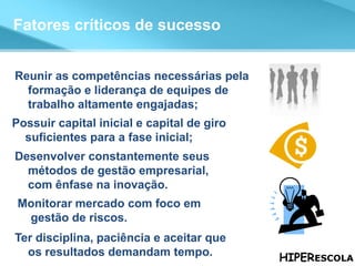 A Análise de atratividade Fatores críticos de sucesso Reunir as competências necessárias pela formação e liderança de equipes de trabalho altamente engajadas; Possuir capital inicial e capital de giro suficientes para a fase inicial; Desenvolver constantemente seus métodos de gestão empresarial, com ênfase na inovação. Monitorar mercado com foco em gestão de riscos. Ter disciplina, paciência e aceitar que os resultados demandam tempo. 