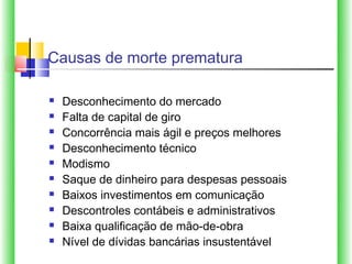 Causas de morte prematura

   Desconhecimento do mercado
   Falta de capital de giro
   Concorrência mais ágil e preços melhores
   Desconhecimento técnico
   Modismo
   Saque de dinheiro para despesas pessoais
   Baixos investimentos em comunicação
   Descontroles contábeis e administrativos
   Baixa qualificação de mão-de-obra
   Nível de dívidas bancárias insustentável
 