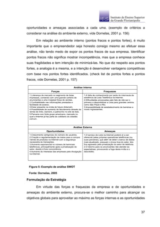 oportunidades e ameaças associadas a cada uma. (exemplo de critérios a
considerar na análise do ambiente externo, vide Dornelas, 2001 p. 156)

        Em relação ao ambiente interno (pontos fracos e pontos fortes), é muito
importante que o empreendedor seja honesto consigo mesmo ao efetuar essa
análise, não tendo medo de expor os pontos fracos de sua empresa. Identificar
pontos fracos não significa mostrar incompetência, mas que a empresa conhece
suas fragilidades e tem intenção de minimizá-las. No que diz respeito aos pontos
fortes, a analogia é a mesma, e a intenção é desenvolver vantagens competitivas
com base nos pontos fortes identificados. (check list de pontos fortes e pontos
fracos, vide Dornelas, 2001 p. 157)

                                                Análise interna
                        Forças                                                  Fraquezas
 1.Liderança de mercado no segmento de listas              1.A falta de conhecimento por parte do internauta da
 impressas, contando com uma grande carteira de            existência da Lista Telefônica na Internet.
 anunciantes e uma invejável força de vendas.              2.Dificuldades provocadas pelo fato de não ser o
 2.Confiabilidade nas informações prestadas e              primeiro a disponibilizar a Lista para grandes centros
 facilidade de acesso.                                     como São Paulo e Rio.
 3.Estar presente na mídia do futuro (Internet).           3.Impossibilidade de estabelecimento de barreiras a
 4.Possibilidade de aumento de faturamento através da      novos ingressantes.
 venda de links, banners, e patrocínio no site da lista.
 5.Parceria com forte grupo americano, mercado no
 qual a Internet já faz parte do cotidiano do cidadão
 comum.



                                               Análise Externa
                   Oportunidades                                                 Ameaças
 1.Crescimento vertiginoso do número de usuários.          1.O serviço da Lista na Internet poderá vir a ser
 2.Criação e regulamentação de meios para a compra         oferecido pelas próprias operadoras telefônicas (ou
 /venda de produtos na Internet com a segurança            suas parceiras), que além de deter o banco de dados
 necessária às transações.                                 mais atualizado, possuem o know how do setor. Isto
 3.Aumento exponencial no número de terminais              fica agravado pela privatização do setor de telefonia.
 telefônicos, principalmente após a privatização do        2.O retorno para os anunciantes não atender às
 setor, devido à livre concorrência.                       expectativas, provocando a fuga desta mídia e o
 4.Aumento do interesse das empresas pela divulgação       descrédito.
 na Internet.




 Figura 5: Exemplo de análise SWOT

 Fonte: Dornelas, 2005

Formulação da Estratégia

        Em virtude das forças e fraquezas da empresa e de oportunidades e
ameaças do ambiente externo, procura-se o melhor caminho para alcançar os
objetivos globais para aproveitar ao máximo as forças internas e as oportunidades



                                                                                                                    37
 