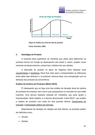 Ciclo de Vida do Produto




                     Volume de Vendas


                                        Lançamento Crescimento   Maturidade   Declínio

                                                                                   Tempo


                    Figura 6: Gráfico do ciclo de vida do produto

                    Fonte: Dornelas, 2005.




3.       Estratégia do Produto

         A empresa deve especificar as maneiras que utiliza para determinar os
produtos futuros em função do desempenho dos atuais e, assim, projetar novas
maneiras de desenvolvê-los, produzi-los e distribuí-los aos clientes.

         A descrição do produto no plano de negócios deve destacar suas
características e benefícios. Deve ficar claro para o empreendedor as diferenças
entre estes dois atributos e, se possível, deve-se fazer uma comparação com os
atributos dos produtos da concorrência.

Análise da Carteira de Produtos (Matriz BCG)

         É interessante que se faça uma boa análise da situação atual da carteira
de produtos da empresa, bem como suas perspectivas no mercado em que estão
inseridos. Uma técnica bastante utilizada em marketing, que pode ajudar o
empreendedor neste trabalho, é a técnica denominada “matriz BCG”, que analisa
a carteira de produtos com base em dois grandes fatores: Crescimento de
mercado e participação relativa de mercado.

         Dependendo da situação em relação aos dois fatores, os produtos podem
ser definidos como:

     •   Dúvida;

     •   Estrela;

                                                                                           41
 