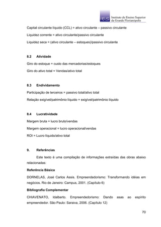 Capital circulante líquido (CCL) = ativo circulante – passivo circulante

Liquidez corrente = ativo circulante/passivo circulante

Liquidez seca = (ativo circulante – estoques)/passivo circulante



8.2    Atividade

Giro do estoque = custo das mercadorias/estoques

Giro do ativo total = Vendas/ativo total



8.3    Endividamento

Participação de terceiros = passivo total/ativo total

Relação exigível/patrimônio líquido = exigível/patrimônio líquido



8.4    Lucratividade

Margem bruta = lucro bruto/vendas

Margem operacional = lucro operacional/vendas

ROI = Lucro líquido/ativo total



9.     Referências

       Este texto é uma compilação de informações extraídas das obras abaixo
relacionadas:

Referência Básica

DORNELAS, José Carlos Assis. Empreendedorismo: Transformando idéias em
negócios. Rio de Janeiro: Campus, 2001. (Capítulo 6)

Bibliografia Complementar

CHIAVENATO,        Idalberto.     Empreendedorismo:     Dando   asas       ao   espírito
empreendedor. São Paulo: Saraiva, 2006. (Capítulo 12)

                                                                                     70
 