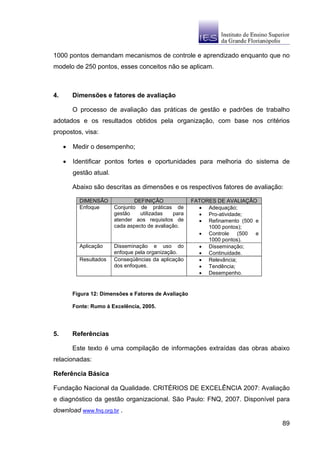 1000 pontos demandam mecanismos de controle e aprendizado enquanto que no
modelo de 250 pontos, esses conceitos não se aplicam.



4.       Dimensões e fatores de avaliação

         O processo de avaliação das práticas de gestão e padrões de trabalho
adotados e os resultados obtidos pela organização, com base nos critérios
propostos, visa:

     •   Medir o desempenho;

     •   Identificar pontos fortes e oportunidades para melhoria do sistema de
         gestão atual.

         Abaixo são descritas as dimensões e os respectivos fatores de avaliação:

           DIMENSÃO              DEFINIÇÃO             FATORES DE AVALIAÇÃO
           Enfoque       Conjunto de práticas de         • Adequação;
                         gestão    utilizadas   para     • Pro-atividade;
                         atender aos requisitos de       • Refinamento (500 e
                         cada aspecto de avaliação.         1000 pontos);
                                                         • Controle (500 e
                                                            1000 pontos).
           Aplicação     Disseminação e uso do           • Disseminação;
                         enfoque pela organização.       • Continuidade.
           Resultados    Conseqüências da aplicação      • Relevância;
                         dos enfoques.                   • Tendência;
                                                         • Desempenho.


         Figura 12: Dimensões e Fatores de Avaliação

         Fonte: Rumo à Excelência, 2005.




5.       Referências

         Este texto é uma compilação de informações extraídas das obras abaixo
relacionadas:

Referência Básica

Fundação Nacional da Qualidade. CRITÉRIOS DE EXCELÊNCIA 2007: Avaliação
e diagnóstico da gestão organizacional. São Paulo: FNQ, 2007. Disponível para
download www.fnq.org.br .

                                                                                89
 