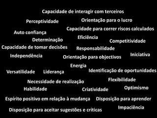 Auto confiança
Habilidade
Liderança
Energia
Independência
Determinação
Capacidade de tomar decisões
Versatilidade
Criatividade
Disposição para aceitar sugestões e críticas
Necessidade de realização
Capacidade de interagir com terceiros
Capacidade para correr riscos calculados
Disposição para aprender
Identificação de oportunidades
Orientação para o lucro
Competitividade
Eficiência
Responsabilidade
Orientação para objectivos
Espírito positivo em relação à mudança
Impaciência
Optimismo
Flexibilidade
Perceptividade
Iniciativa
 