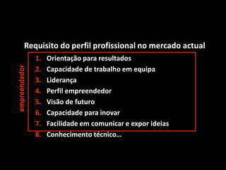 Requisito do perfil profissional no mercado actual
1. Orientação para resultados
2. Capacidade de trabalho em equipa
3. Liderança
4. Perfil empreendedor
5. Visão de futuro
6. Capacidade para inovar
7. Facilidade em comunicar e expor ideias
8. Conhecimento técnico…
empreendedor
 