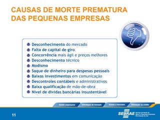 CAUSAS DE MORTE PREMATURA
DAS PEQUENAS EMPRESAS


     Desconhecimento do mercado
     Falta de capital de giro
     Concorrência mais ágil e preços melhores
     Desconhecimento técnico
     Modismo
     Saque de dinheiro para despesas pessoais
     Baixos investimentos em comunicação
     Descontroles contábeis e administrativos
     Baixa qualificação de mão-de-obra
     Nível de dívidas bancárias insustentável




11
 