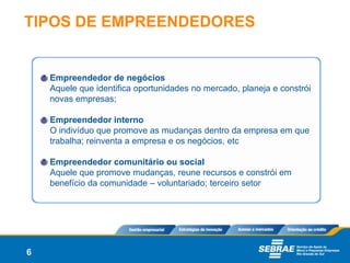 TIPOS DE EMPREENDEDORES


    Empreendedor de negócios
    Aquele que identifica oportunidades no mercado, planeja e constrói
    novas empresas;

    Empreendedor interno
    O indivíduo que promove as mudanças dentro da empresa em que
    trabalha; reinventa a empresa e os negócios, etc

    Empreendedor comunitário ou social
    Aquele que promove mudanças, reune recursos e constrói em
    benefício da comunidade – voluntariado; terceiro setor




6
 