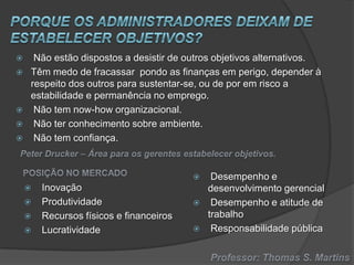 






Não estão dispostos a desistir de outros objetivos alternativos.
Têm medo de fracassar pondo as finanças em perigo, depender à
respeito dos outros para sustentar-se, ou de por em risco a
estabilidade e permanência no emprego.
Não tem now-how organizacional.
Não ter conhecimento sobre ambiente.
Não tem confiança.








Inovação
Produtividade
Recursos físicos e financeiros
Lucratividade




Desempenho e
desenvolvimento gerencial
Desempenho e atitude de
trabalho
Responsabilidade pública

 