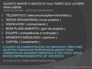 QUANTO MAIOR O NEGÓCIO MAIS TEMPO ELE LEVARÁ
PARA ABRIR
TELEMÁTICO ( telecomunicações+informática )
 IDÉIAS INOVADORAS( novos projetos )
 KNOW-HOW ( conhecimento )
 BOM PLANEJAMENTO ( gerir de projetos )
 EQUIPE ( competências e motivação )
 MOMENTO ADEQUADO ( oportuno )
 CAPITAL ( investimento )


 