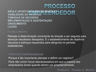 IDÉIA E OPORTUNIDADES DE NEGÓCIO
VIABILIDADE DO NEGÓCIO
TOMADAS DE DECISÕES
IMPLEMENTAÇÃO E SUSTENTAÇÃO
CRESCIMENTO
LUCRO

Planejar é determinação consciente da direção a ser seguida para
alcançar resultados desejados. É o estabelecimento de objetivos
recursos e esforços requeridos para atingi-los no período
estabelecido.

Porque é tão importante planejar e definir um negócio?
Para não correr riscos desnecessários em que a maioria dos
empresarios erram quando abrem um empreendimento.

 
